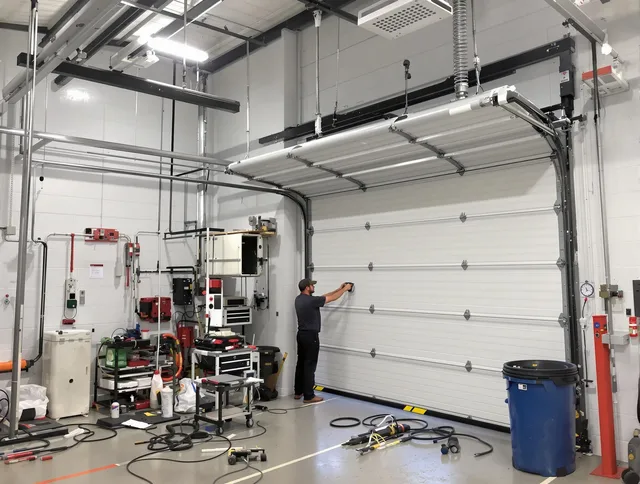 Bristol Garage Door Repair certified technician performing commercial door repair at a Bristol business facility